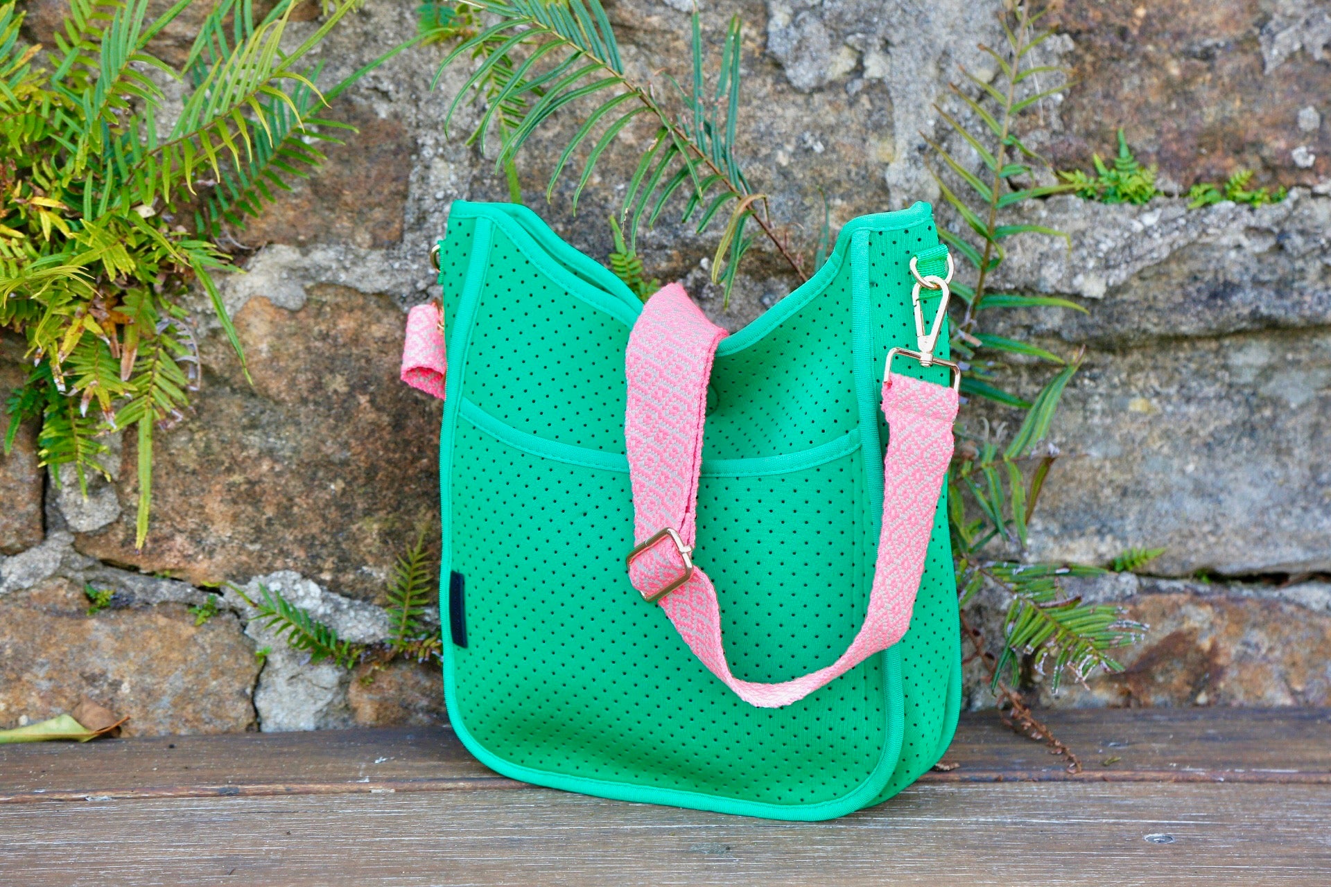 Emerald Green Neoprene Cross Body with Pink & Beige Strap