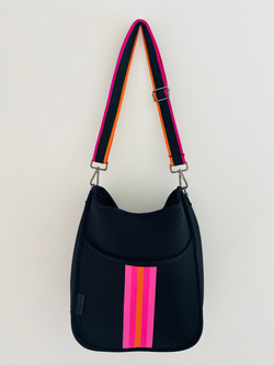 Black Cross Body Neoprene Bag with Pink/Orange Stripe | Lee and May