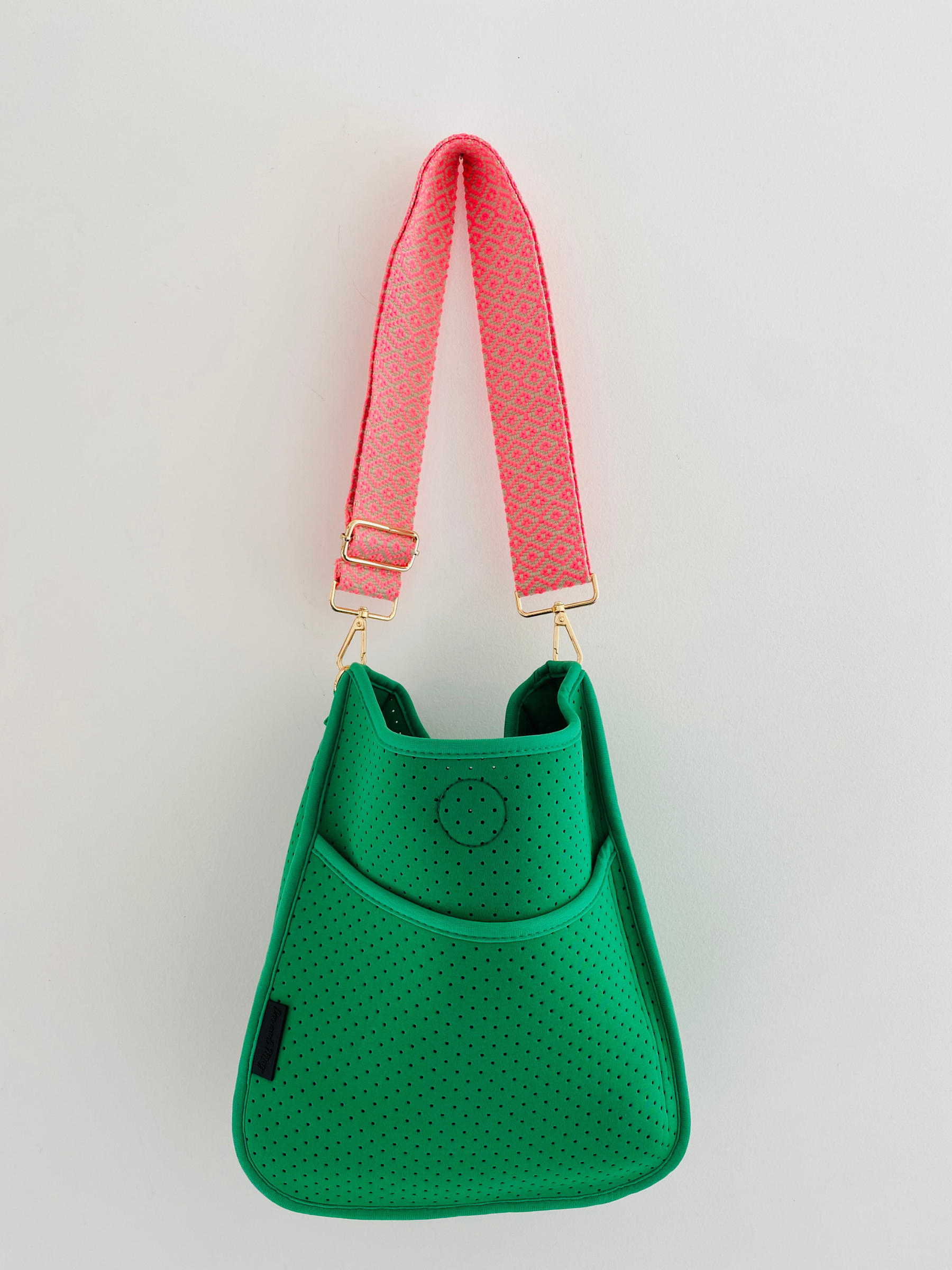 Emerald Green Neoprene Cross Body with Pink & Beige Strap