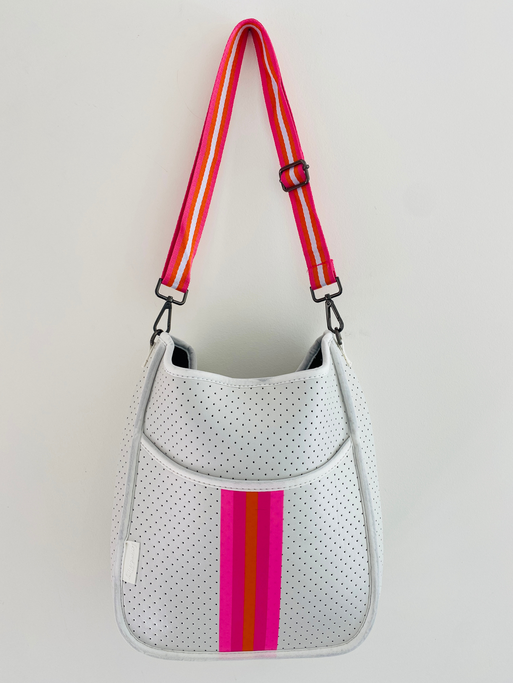 White Cross Body Neoprene Bag with Pink Orange Stripe Lee and May