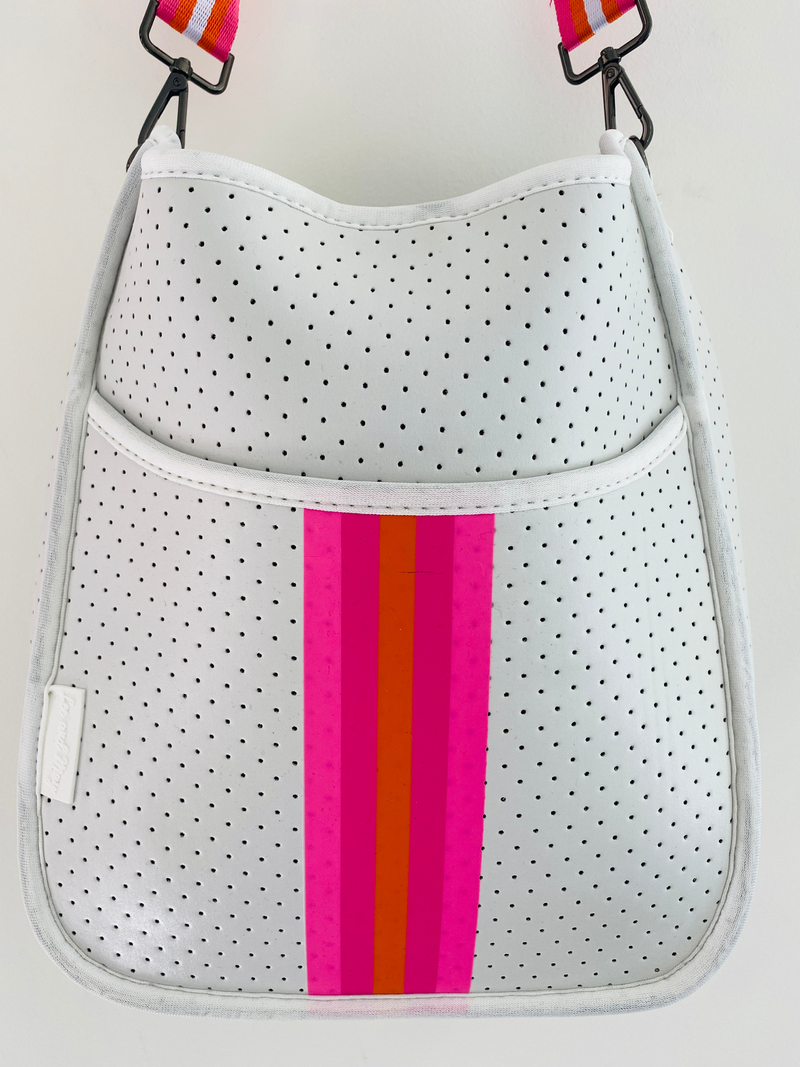 White Cross Body Neoprene Bag with Pink/Orange Stripe | Lee and May